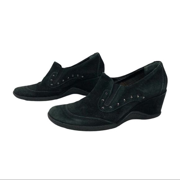 Aquatalia Greenish black Suede Leather Studded Wedge Loafers 8.5 Western - Picture 5 of 12